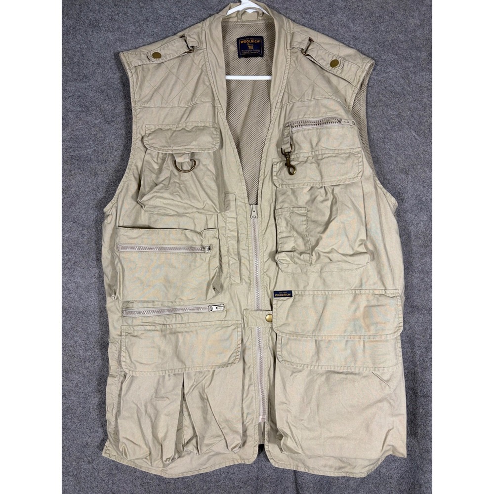 Woolrich Mens Khaki Cotton Utility Fishing Vest Mesh Lining Large 584 LC-NAI
